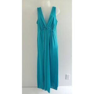 VTG Vanity Fair Nightgown Size 38 Teal Floor Length Deep V Nylon Full Sweet 70's
